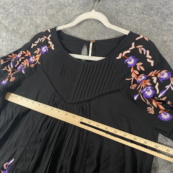 Free People Dress Medium Black Pavlo Emroidered Smock Short Sleeve A-Line Boho - Picture 10 of 13